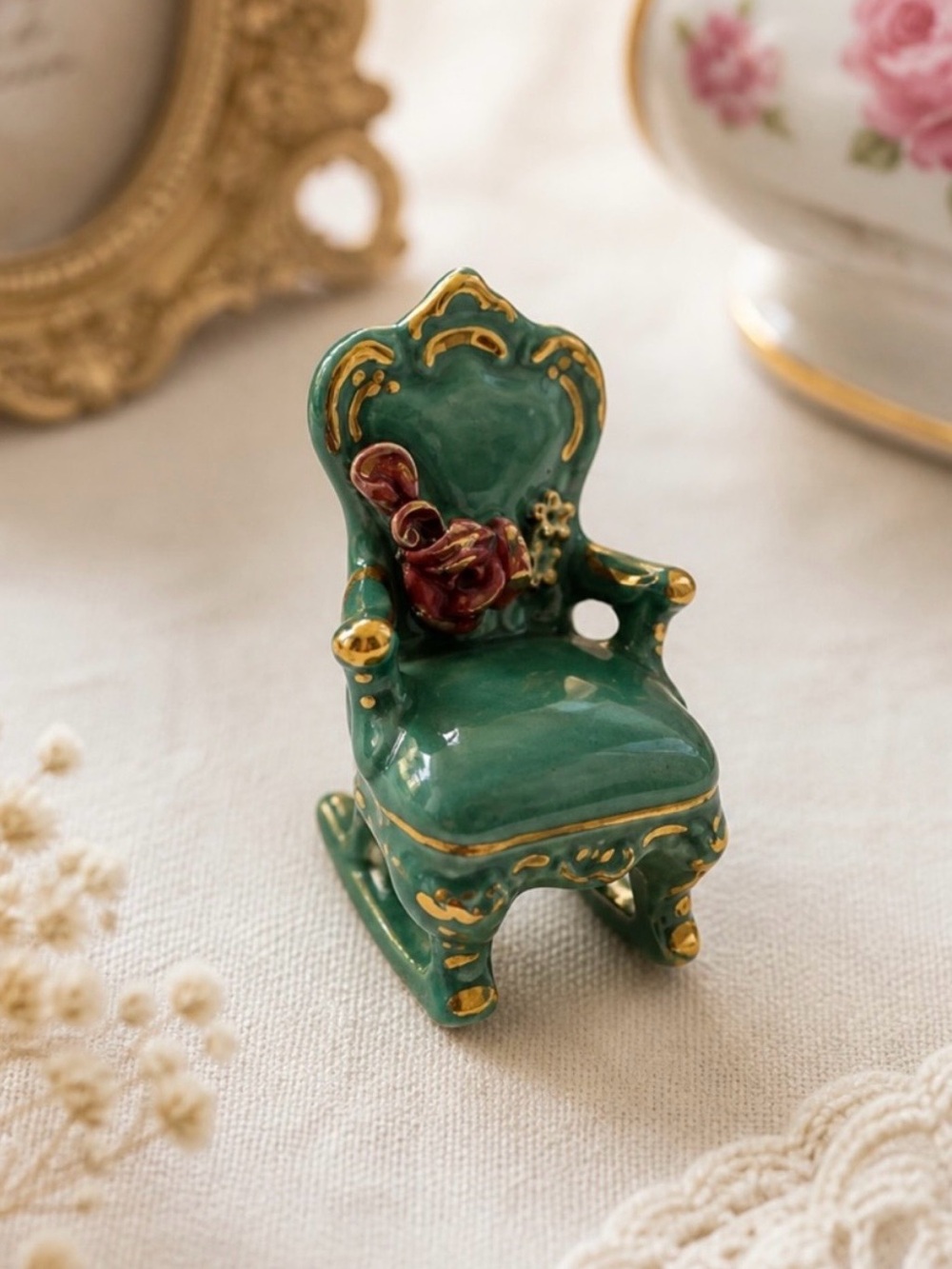 Vintage Miniature Rococo Ceramic Rocking Chair Green Gold 3.5”